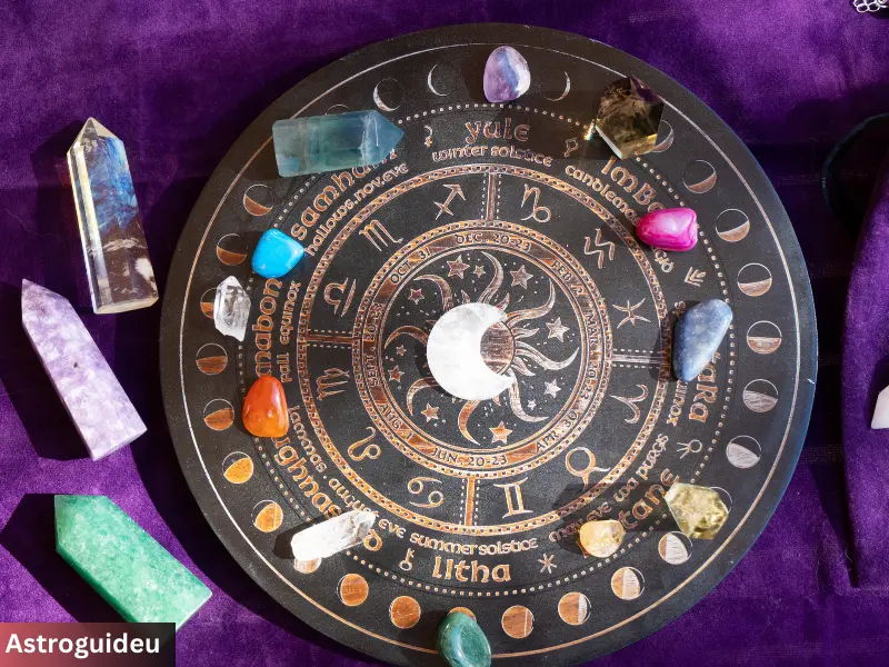Gemstones on the wooden zodiac wheel