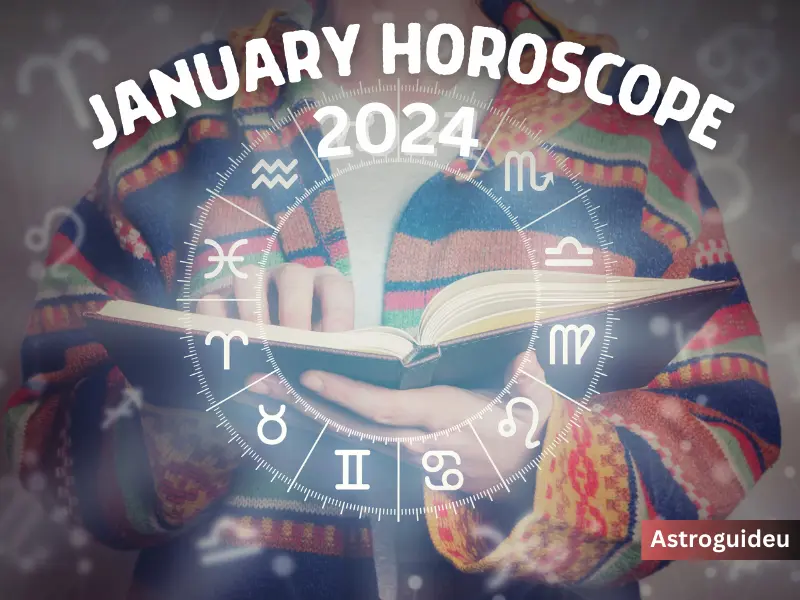 astrowheel and january horoscope 2024 written in an image