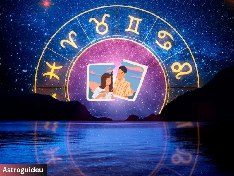 Photo of couple separated in half with zodiac sign above the photo