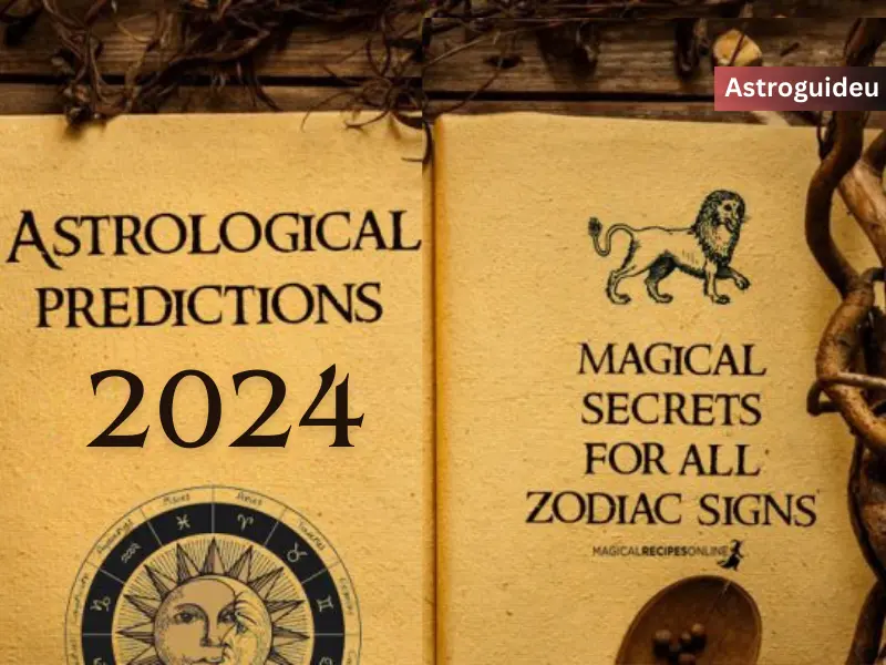 book with astrological predictions 2024 written on one side and magical secrets for all zodiac signs written on other side